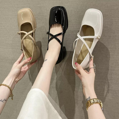 Square Toe Casual Brief Strap Block Heels